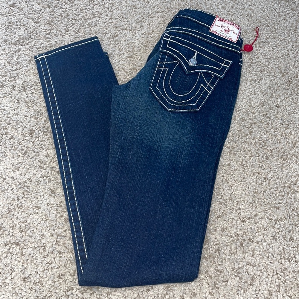 NWT True Religion Jeans Womens Size 27 Bling Rhinestone Flap Pocket Dark Wash